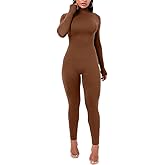 Azhong Women's Sexy Long Sleeve Turtleneck Jumpsuits Bodycon Back Zipper High Waist One Piece Casual Club Rompers