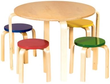 Children Table And Chairs Set, Including A Wooden Round Top Table, And 4 Wooden Stools With Red, Blue, Yellow And Green Seat, Presented In A Gloss Natural Finish