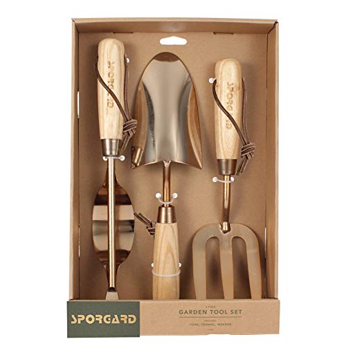 Sporgard Garden Tool Set, 3 Piece Heavy Duty Gardening Kit Includes Hand Trowel, Weeder and Fork with Ash Wood Handle and Antique Bronze Metal Head, Nice Garden Gift