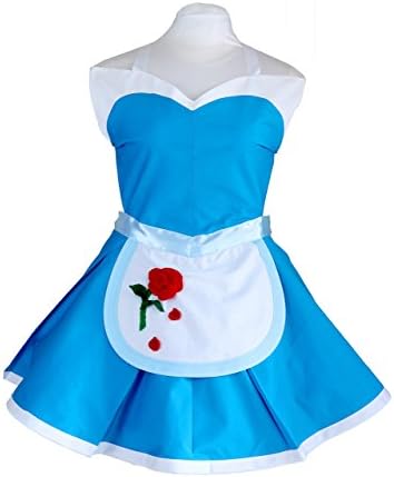 Beauty and the Beast Peasant Belle Retro Pinup Cosplay Work Apron Dress in Blue with Rose