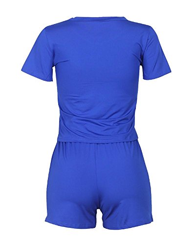 VLUNT Women Hollow Out 2 Piece Set Short Sleeves T Shirt and Bodycon Short Pants Outfits Activewear,Blue-XXXL - Thumbnail 4