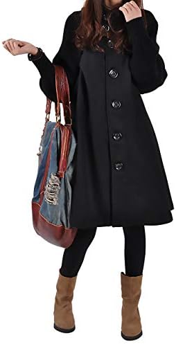 Little Confe Women’s High Neck Rib Coat, Raglan with Large Buttons, Black, Gray, M-XL