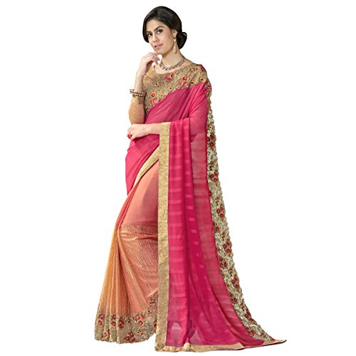 Aksaa Fashion Women's Indian Pink Border Worked Faux Georgette Festive Saree, Sari