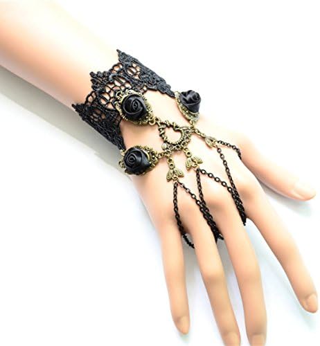 Lvxuan Gothic Vintage Vampire Diaries Same Style Black Lace Rose Bracelet Ring Set