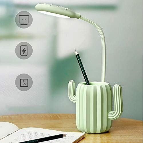 JLAKYU7 Led Desk Lamp, LED Reading Light Eye-Care USB Rechargeable Dimmable 3 Brightness Touch Sensitive with Cactus Shaped Pen Holder for Books Bed Kids(Green)