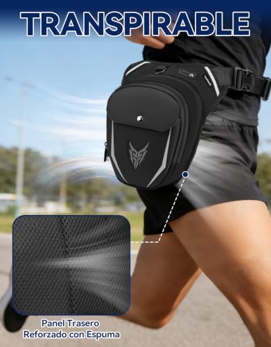 Leathario Expandable Motorcycle Leg Bag with Adjustable Straps, Multifunctional Waterproof Leg Bag for Motorcycle Cycling Hiking with Carabiners and Reflective Strips, Black - Grey Label