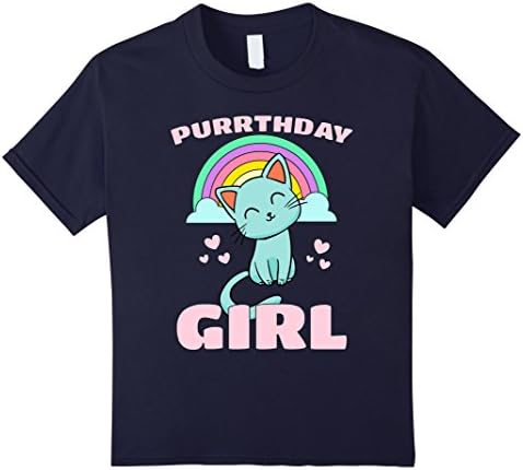 Kids Purrthday Girl - Birthday Kitty Cat Rainbow &amp; Hearts Shirt 12 Navy