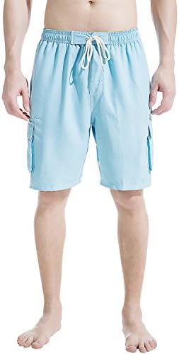 Akula Men Swim Trunk Short Elastic Waist Solid Beach Wear with Pockets Light Blue Size XL