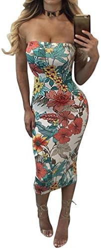 Women Sexy Strapless Sleeveless Floral Print Bodycon Clubwear Party Midi Dress,White,Large