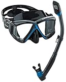 Cressi Italian Designed Liberty Quattro Metallic Panoramic View Tempered Glass Lens Premium Scuba Snorkeling Dive Mask Dry Snorkel Set (Black/Blue)