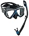 Cressi Italian Designed Liberty Quattro Metallic Panoramic View Tempered Glass Lens Premium Scuba Snorkeling Dive Mask Dry Snorkel Set (Black/Blue)