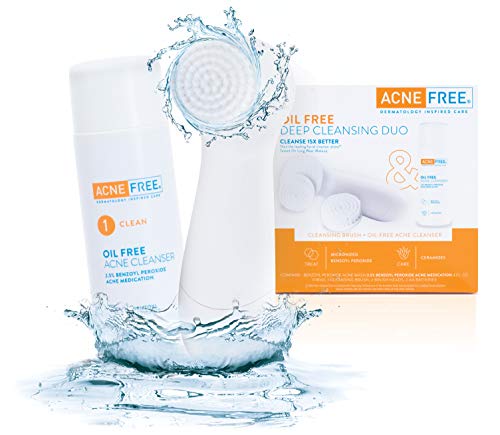 Acne Free Facial Cleansing Brush and Oil-Free Acne Cleanser Acne Treatment Kit with Benzoyl Peroxide 2.5% and Glycolic Acid (1 Brush, 1 Cleanser)