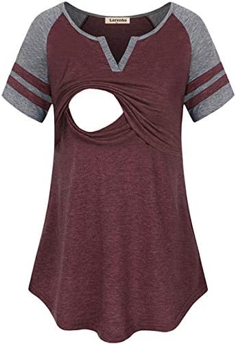 Women Short Sleeve Breastfeeding Shirt Color Block Nursing Tops