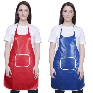 Yazlyn Collection Rexine Waterproof Apron with Front Pockets (Red and Blue) - Set of 2