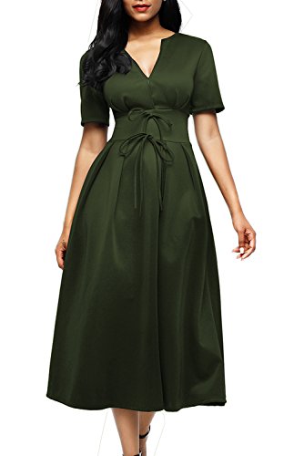 AlvaQ Women Cute Party Dresses A Line V Neck Sexy Evening Swing Midi Skater Dress Formal For Juniors Cocktail Green Large