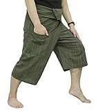Thai Fisherman Pants Yoga Trousers Free Size 3/4 Cotton Stripe-Olive Green