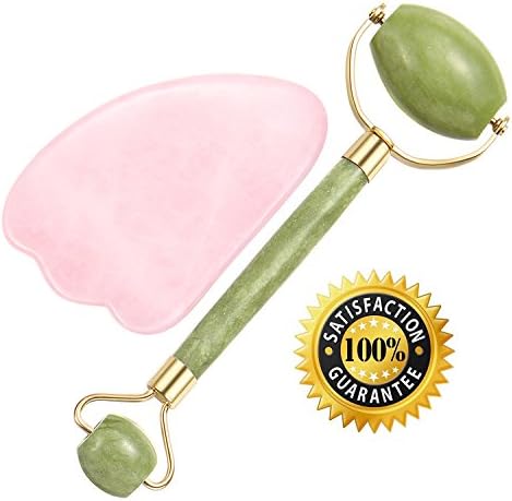 Upgraded Anti Aging Jade Roller Massager & Gua Sha Rose Quartz Scraping Massage Tools Big Stone Strong Rack NOT EASY BROKEN Gift Box Instruction Guide Included