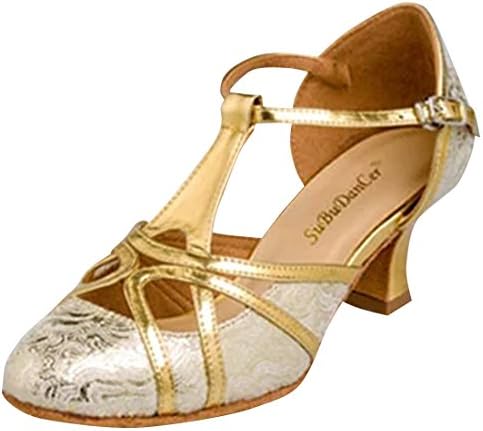 Rsuma Women Shimmer Hollow Out Latin Dance High Heel Sandals Shoes, Golden EURO37/US6/UK4