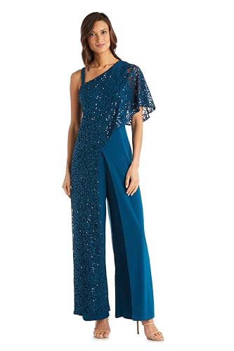 R&M Richards Women's Elegant Sequin Lace Capelet Jumpsuit | One-Shoulder Wide L…