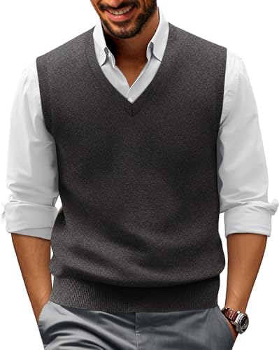トップス Cotton Wool V-neck Knit Vest charcoalovy TopTie Men's 100% Cotton Knit Sweater Vest, V Neck Cable Pattern