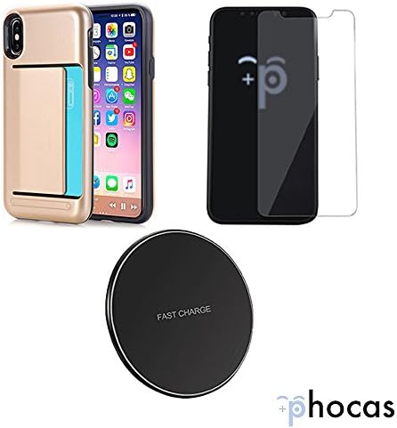Phocas iPhone X/iPhone 10 Bundle-Minimalist Hard Wallet Protective Wallet Card-Holder Case, 9H Glass Screen Protection, Wireless Charging Pad-Quality Kit for iPhone X/iPhone 10 (2017) (Gold)