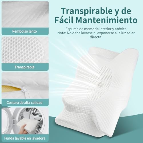 Almofada cervical e cervical, almofada cervical de espuma viscoelástica, almofadas anti-ronco para dormir de lado, costas e abdómen, 60x36x11/13cm, branca