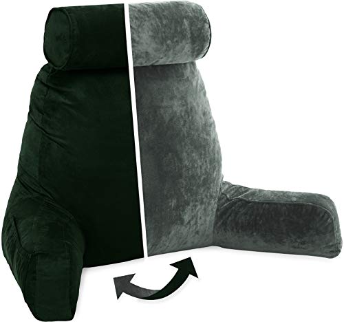 Husband Pillow, Aspen Edition - Reading and Bed Rest Pillow with Arms - Neck Roll on Bungee Cord or Removable - Premium Memory Foam - Reversible Two-Sided Cover Microsuede or Microfiber, Ramona Green