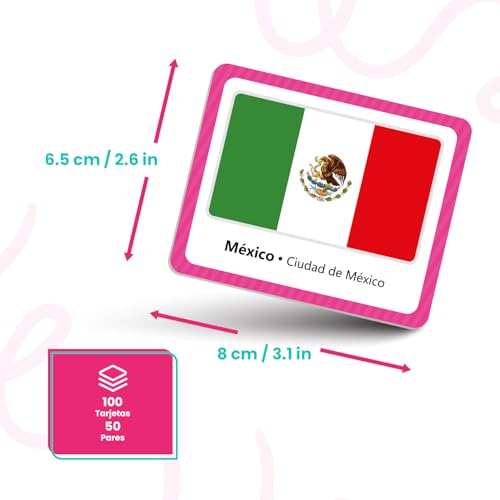 Menique. Juego de Memoria de Banderas del Mundo. 50 Pares de países. Bandera, país y Capital