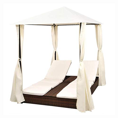 Sunlounger, Double Sun Lounger with Curtains Poly Rattan Brown - Thumbnail 2