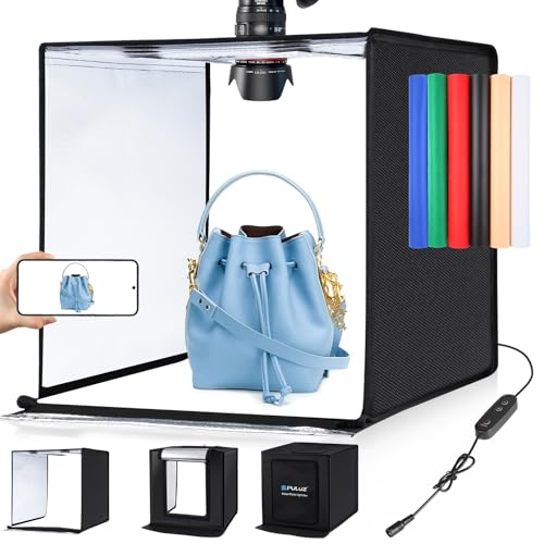 Fotobox für Produktfotografie, 60x60 cm Fotostudio Set, PULUZ Große Photobox Tragbares Faltbar Lichtzelt 5500K LED Weißes Licht Dimmbar mit 6 Hintergr
