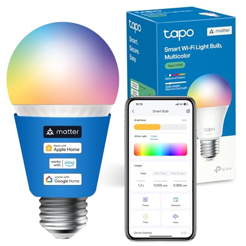 Tapo L535E E27 Smart Bulb, Alexa Gluehbirne, Matter-Zertifiziert, Mehrfarbig, 8.6W (75W), Auto Zeitplan und Timer, Abwesenheitsmodus, Dimmbar, Energieueberwachung, Sprachsteuerung ueber Alexa und Google