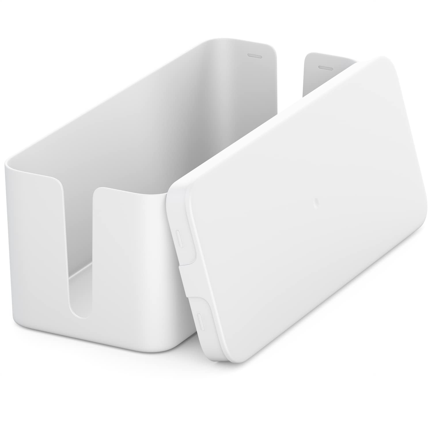 deleyCON Cable Management Box - Organiser Box with 2 Side Cable Guides - Robust Plastic, White - 12.87" x 5.31" x 4.92"