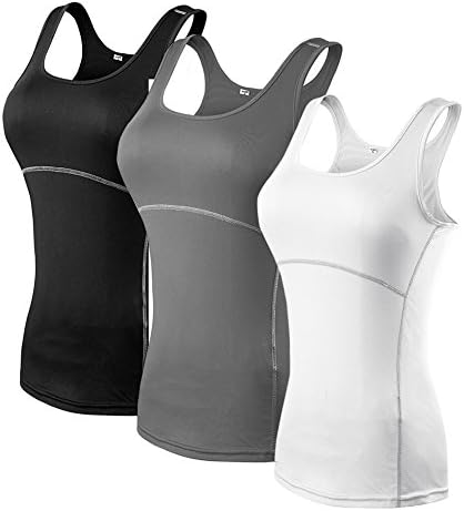 Ahmagen Women's 3 Pack Workout Compression Quick Dry Tank Tops (XX-Large, Black+White+Grey)