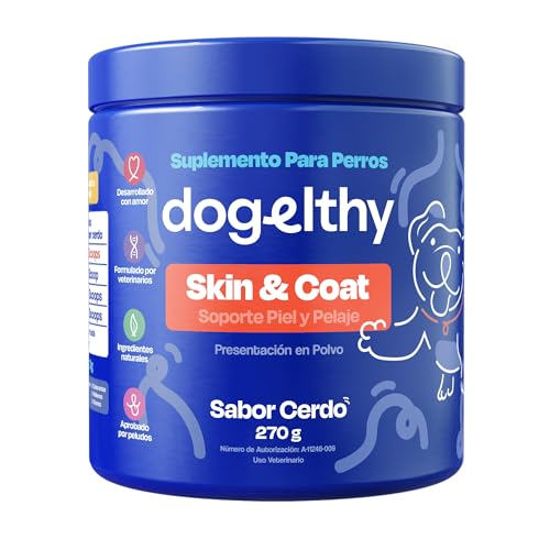 Dogelthy Skin & Coat. Suplemento para Piel y Pelaje para Perro Hecho a Base de Aceite de Pescado, Vitamina C/E, Complejo B, Zinc y más. Complemento para Croquetas o Dieta Barf Sabor Cerdo 270g