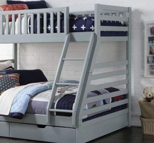 Heavenlybeds @ Wooden Triple Sleeper Bunk Bed Frame Grey Wood with Two Drawers 4'6 Double and 3ft Single