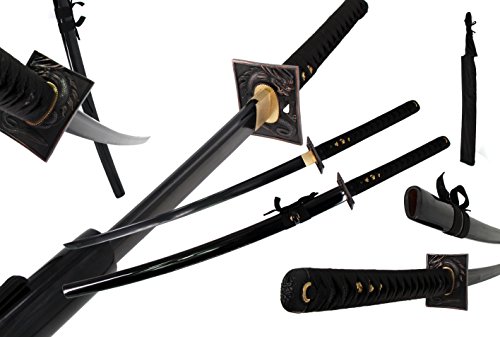 Vulcan Gear Japanese Black Blade Sacred Handmade Sharp Katana Samurai Sword with Wood Sword Stand and Scabbard