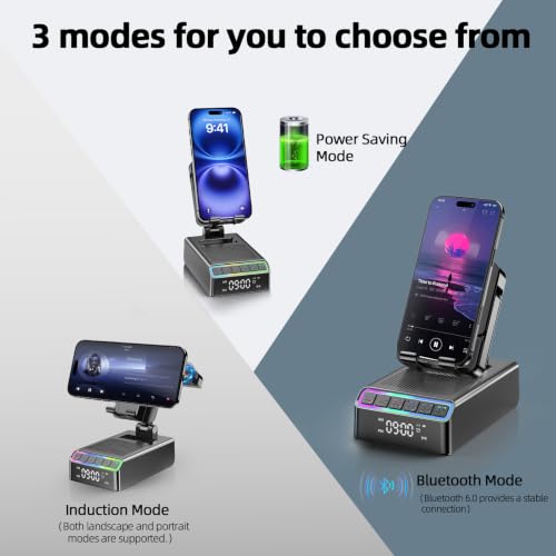 Phone Stand with Bluetooth Speaker & Clock, Gifts for Men Women, Birthday Gifts for Him, 9-in-1 Design Induction Speaker, Anti-Slip Base, Phone Holder with Wireless Speaker, Tech Gadgets Gift for Men