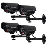 WALI Bullet Dummy Fake Surveillance Security CCTV Dome Camera Indoor Outdoor with one LED Light, Security Alert Sticker Decals (TC-B4), 4 Packs, Black