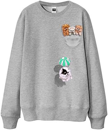 French Terry Sweatshirt - Cute Pocket Pomeranian Dog Gray XX-Large