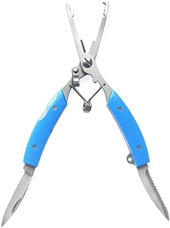 Multi Function Stainless Steel Fishing Pliers with Bent Mouth and 2 Small Blades Hook or Crimp Shot Removers Fishing Line Cutters with Nylon Sheath