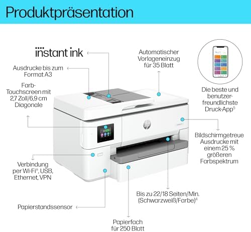 OfficeJet Pro 9720e A3-Multifunktionsdrucker, Drucken bis A3, 3 Monate gratis drucken Instant Ink inklusive, Drucker, Scanner, Kopierer, WLAN, LAN