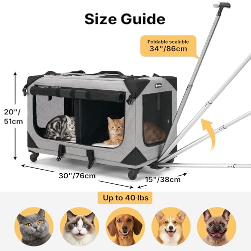 Veehoo Large Pet Carrier with Wheels for 2 Cats, Extra Long 76cm Foldable Rolling Cat Carrier with Removable Divider & Telescopic Handle, Soft-Sided Pet Travel Carrier for 2 Small Dogs, 76× 38× 51 cm