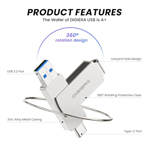 DIGIERA 512GB 2-in-1 USB-A & USB-C Flash Drive, USB 3.2 Gen 1 Thumb Drive, 540MB/s Read 430MB/s Write, 360° Swivel Compact Aluminium Memory Stick for File Transfer, Backup & Travel Storage