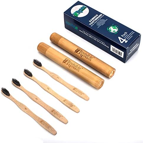 Bamboo Toothbrush by Invisible Footprints – Charcoal Zero-Waste Toothbrush with Travel Case – 4 Pack - No Plastic Toothbrushes with 2 Containers – Numbered Family Planet-Friendly Toothbrush Set
