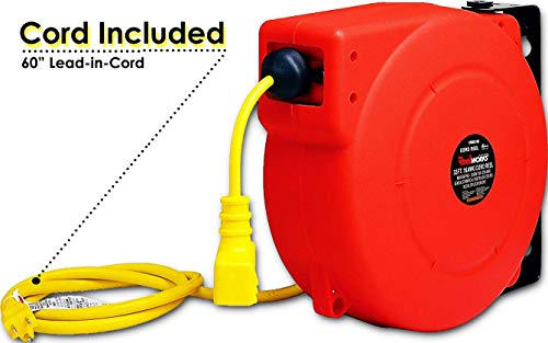 REELWORKS Retractable Extension Cord Reel Polypropylene Industrial 12AWG x 40' Feet Commercial Grade 3C SJT Cable with Triple Tap Connector 15A 125VAC 1875W 60Hz Circuit Breaker Indoor Use (Renewed)