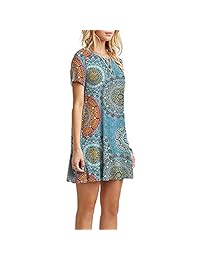 Vestidos de verano para mujer casual manga corta estampado floral camiseta playa Swing vestido con bolsillos