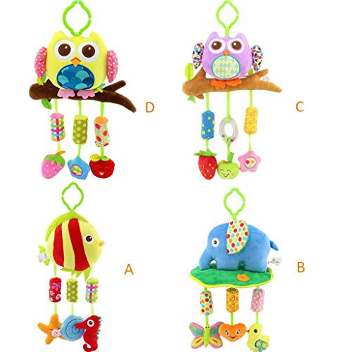 BPA Free 1-3T Kids Educational Development Handbells Rattles Toys for Baby Bedding Crib Stroller - Adorable Elephant Owl Fish Hanging Bells - Gift Ideas Christmas Birthday