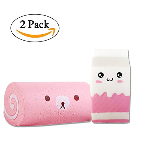 2PC Squishy Slow Rising Milk Box and Swiss Roll Toy, Stress Relief Toy Doll Gift Fun for Baby by Bagvhandbagro [2PC]