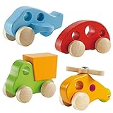 Wooden Cars Infant Toys – Hape Wooden Toy Cars Airplane Truck and Helicopter Baby Wooden Toys, Tummy Time Push Toys Wooden Toddler Toys (4 Vehicles)