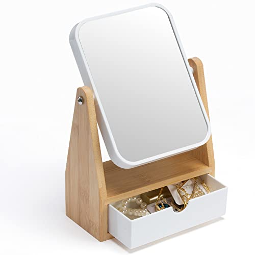 YEAKE Vanity Double Sided Magnifying Makeup Mirror with Storage, Adjustable Natural Bamboo Stand, Portable Desk/Table Mirror, Rectangular